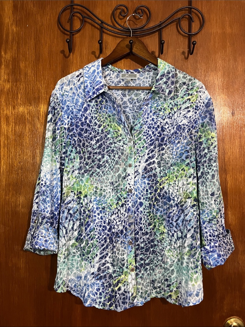 JM Collection Blue and Green Printed Button-Down Shirt